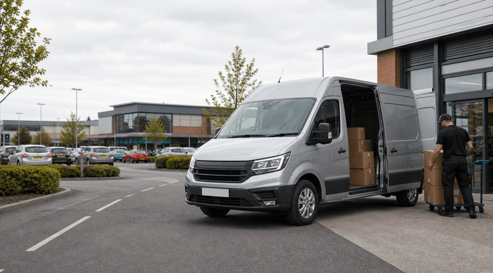 Modern self-drive rental van ready for loading in Taunton